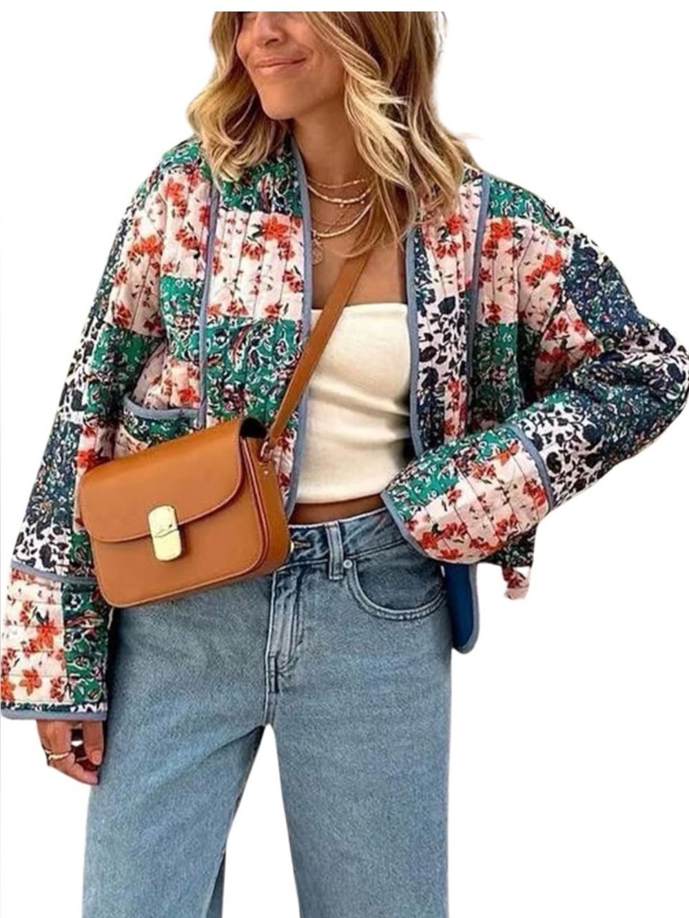 Quilted Floral Patchwork Bomber Jacket - Navy & Pink